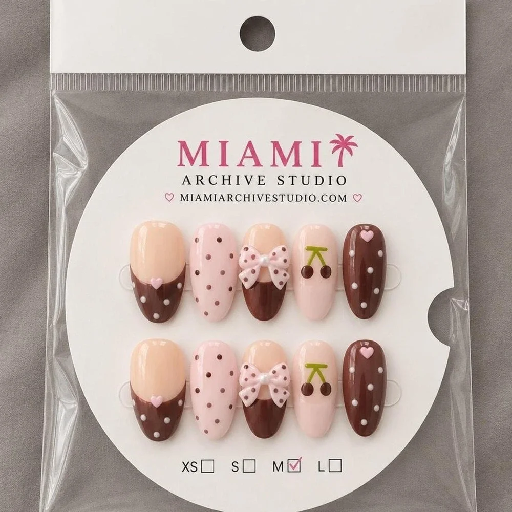 Cherry Coquette Press-On Nails | Handmade Brown Bow Nail Set